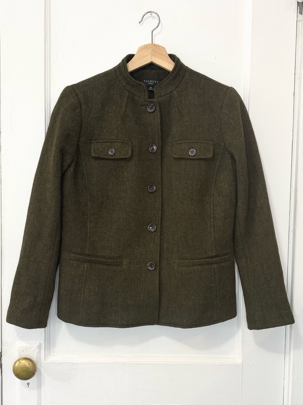 Talbots Women's Olive Green Wool Blend Band-Collar Jacket, Size 6 Petite